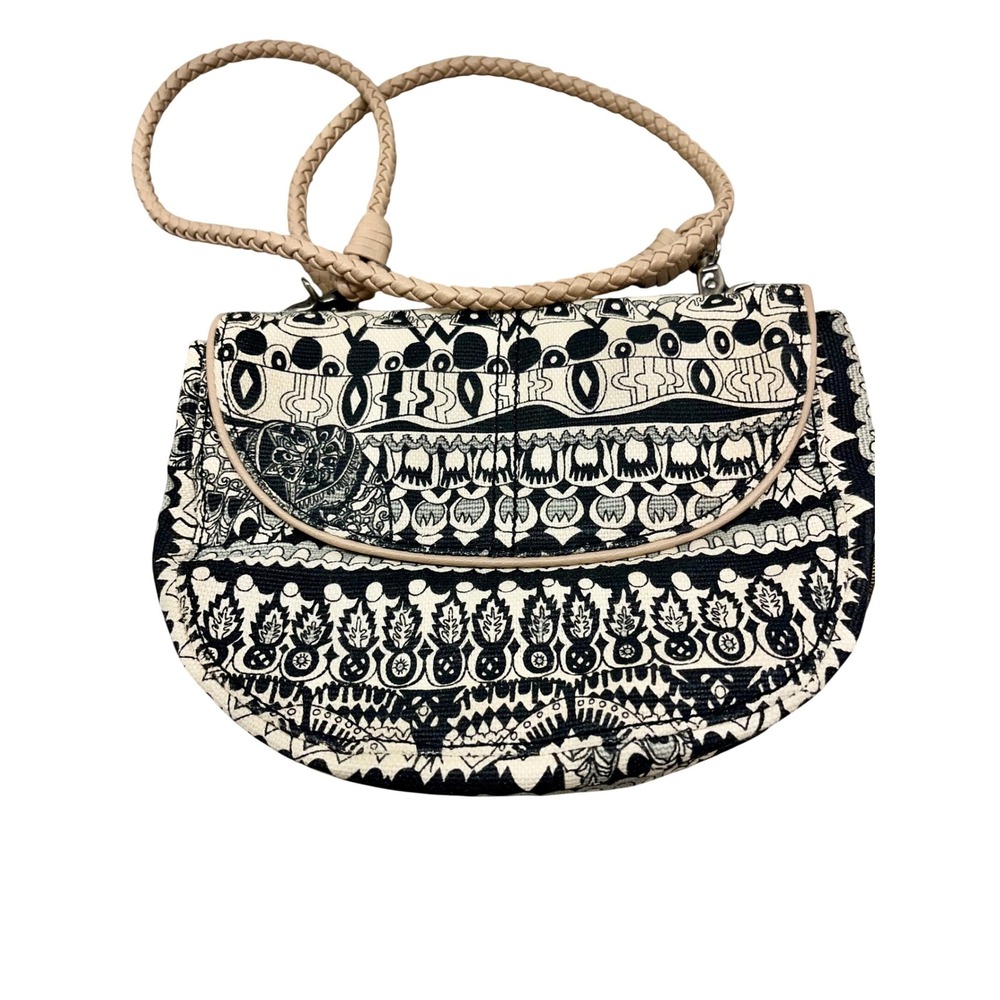 Sakroots Crossbody Bag Beige Black Pattern Bird Print Canvas Purse Small
